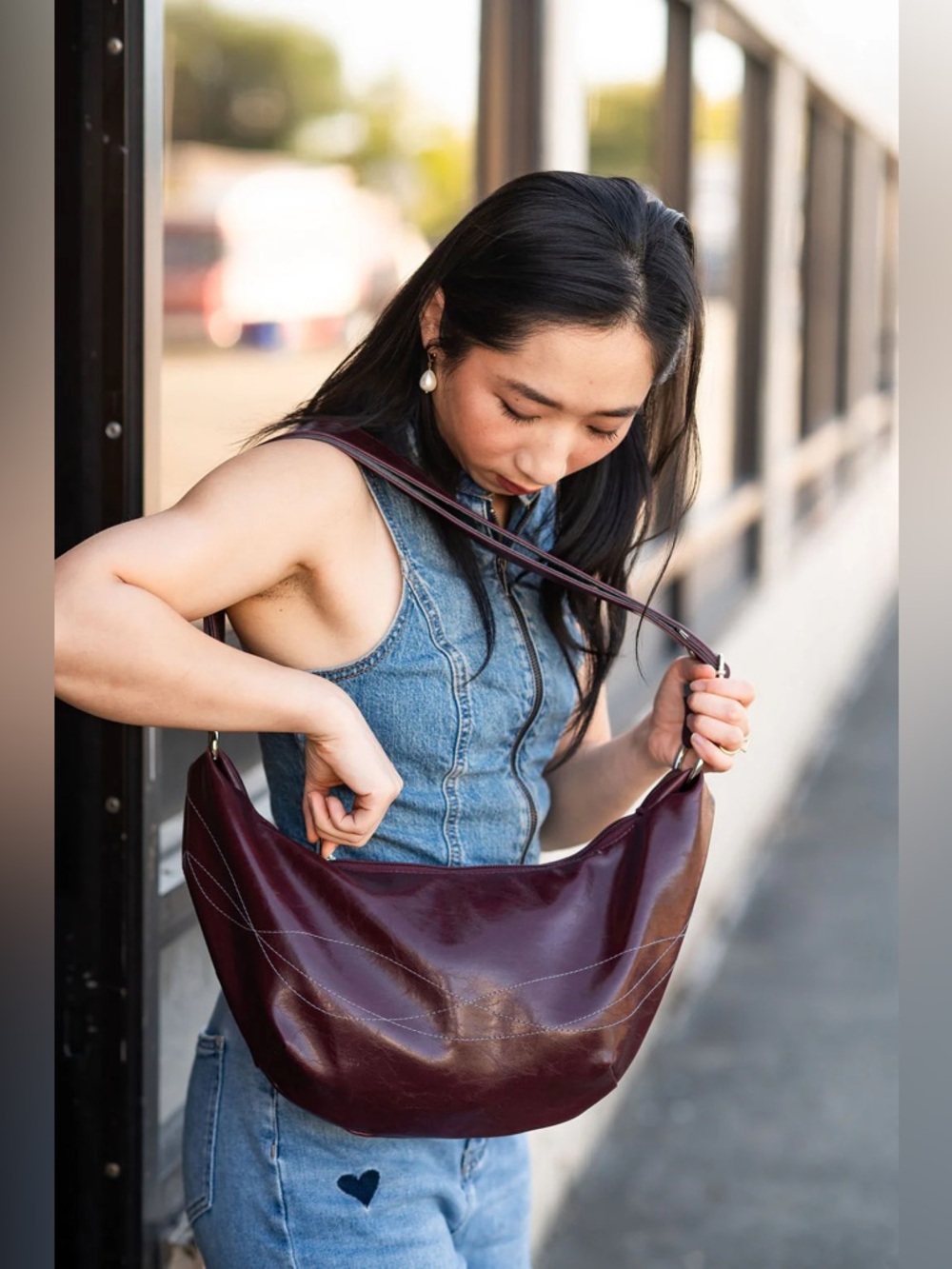 Crystalyn Kae FOXTROT Curved Sling Crescent Hobo Bag in Deep Plum Washable GUC